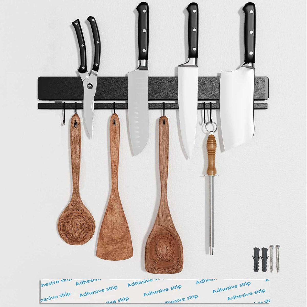 12 Inch Magnetic Knife Holder for Wall, Adhesive Knife Magnetic Strip No Drilling with 6 Hooks, Powerful Magnetic Knife Strip, Magnetic tool Holder for Kitchen Knives & Utensils (Black)