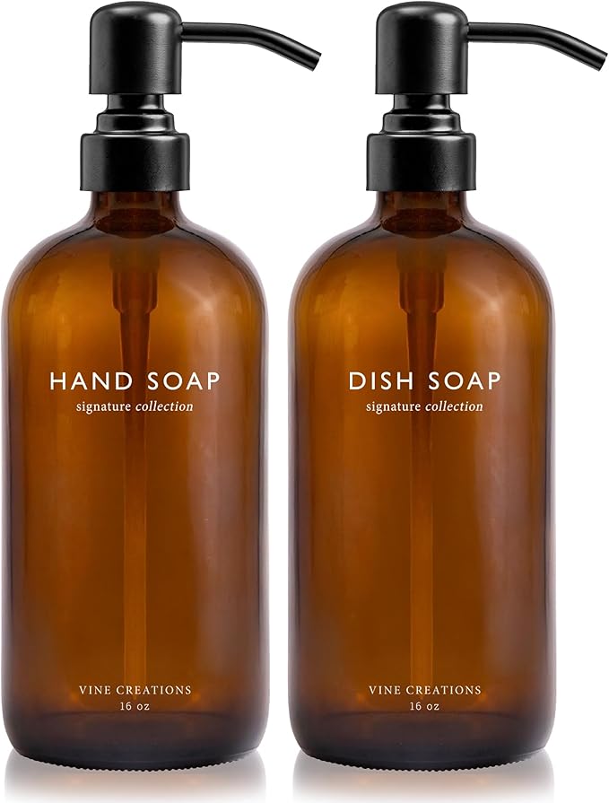 Vine Creations Amber Glass Soap Dispenser Set, Dish Soap and Hand Soap Dispenser Set with Stainless Steel Pump, 16 oz Glass Dispensers for Kitchen or Bathroom Decor (Amber Bottle/Matte Black Pump)