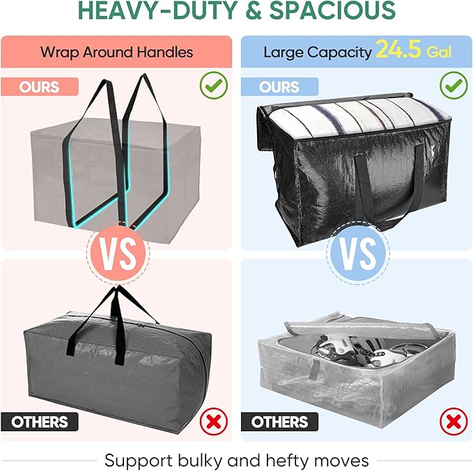 BALEINE 4-Pack Oversized Moving Bags with Reinforced Handles, Heavy-Duty Storage Tote for Clothes, Moving Supplies (Black, 4-Pack)