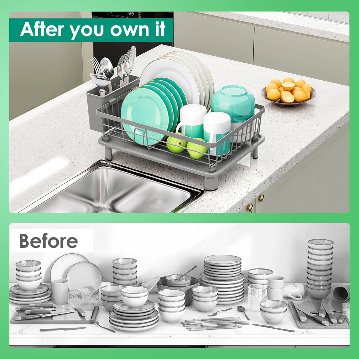 Dish Drying Rack, Space-Saving Dish Rack, Dish Racks for Kitchen Counter, Kitchen Dish Drainers with Removable Utensil Holder,Plate Rack and Drainboard, 11''W x 15''L, Gray