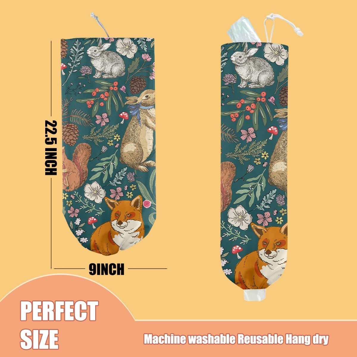 Forest Animals Plastic Bag Holder, Wall Mount Grocery Bag Holder, Plastic Storage bag, Pull Rope Free Adjustment, Plastic Bag Holders for Grocery Bags, Plastic Bag Dispenser for Home Kitchen Cabinet