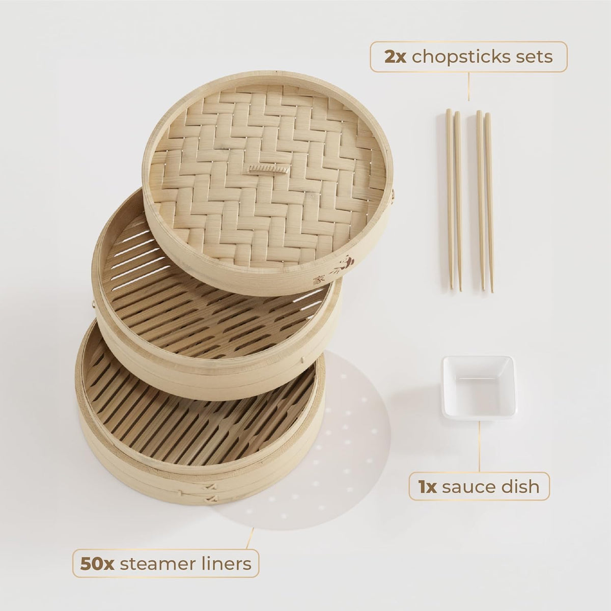 Prime Home Direct Bamboo Steamer Basket 10-Inch | 2-Tier Steamer for Cooking | 50 Liners, Chopsticks, Sauce Dish | Steaming Asian Food, Bao Buns, Chinese, Dim Sum, Dumpling, Rice, Vegetable Steam Pot