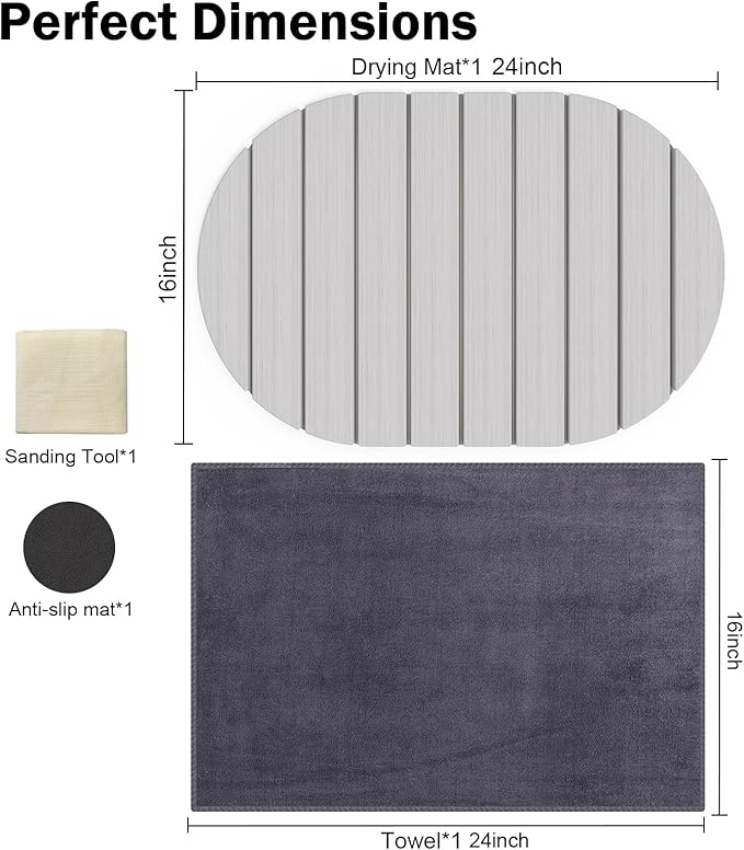 Stone Dish Drying Mat for Kitchen Counter,24"(L)×16"(W) Collapsible Fast-Drying Diatomaceous Earth Mats with Towel Sanding Tool,Versatile Stone Drying Mats for Cups Dishes Bottles