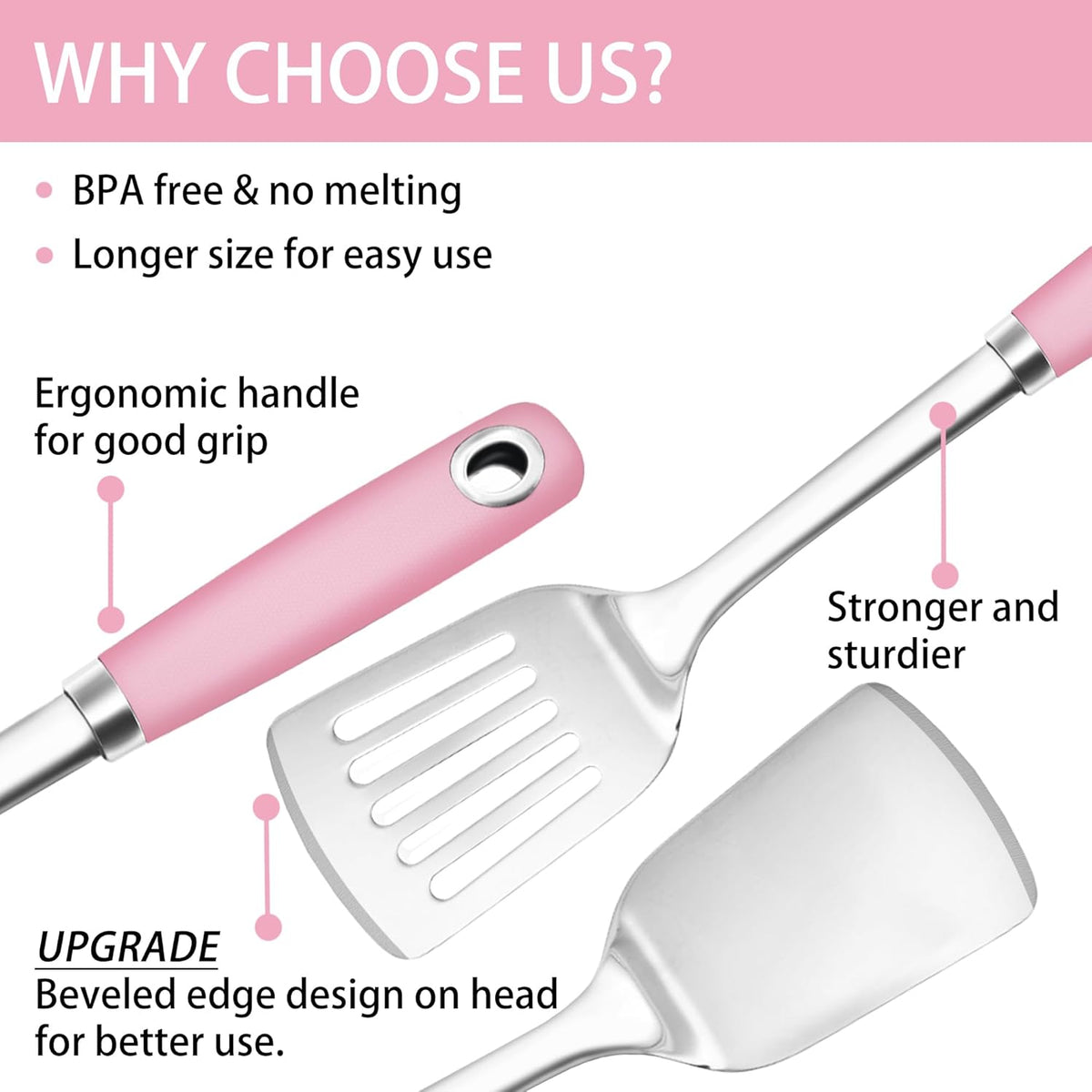 14.3-in Pink Spatula Set, 18/0 Stianless Steel Heavy Duty Turner & Slotted Spatula, Kitchen Cooking Utensils Set, High Heat Resistant, Grilling Frying Serving Food, Pack of 2