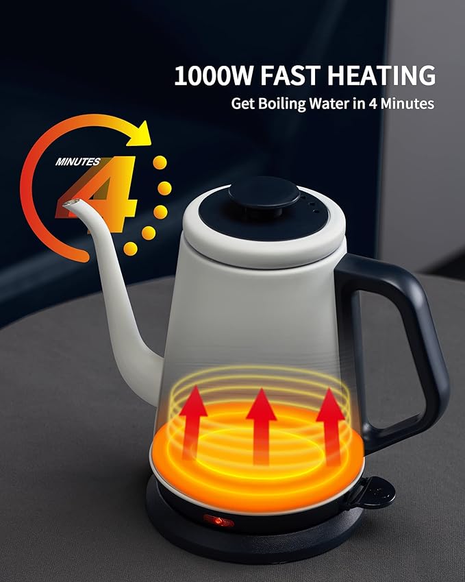 DmofwHi Gooseneck Electric Kettle(1.0L),1000W Electric Tea Kettle of 304 Stainless Steel,Auto Shut off,Coffee Kettle for Pour Over and Tea -White