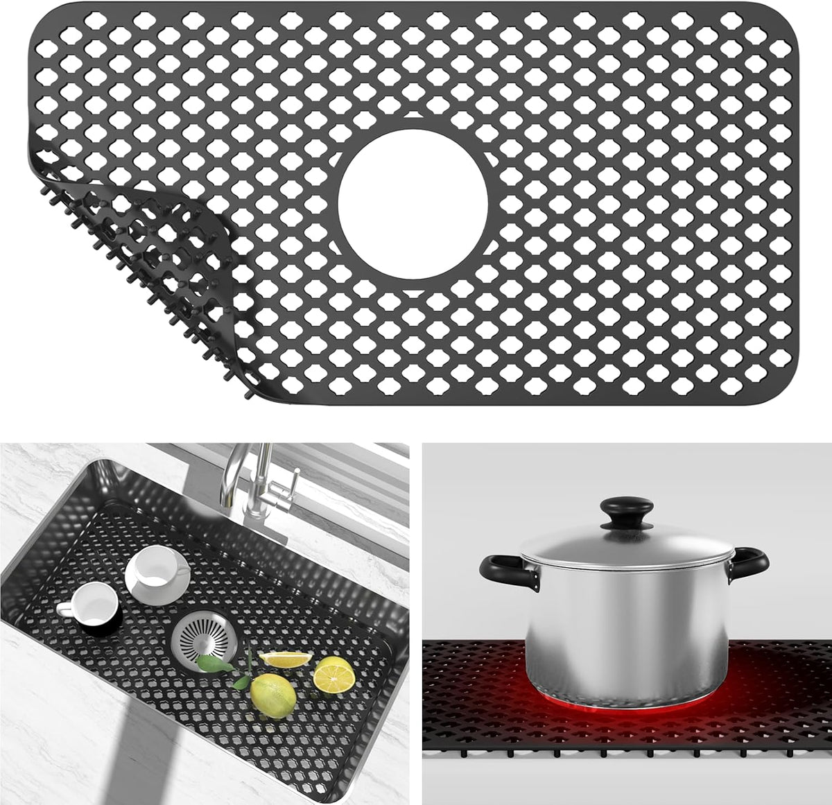 TOOVEM Silicone Sink Mat - Protectors for Kitchen Sink with Center Drain, 24.8''x13'' Kitchen Grid Accessory, Non-Slip Heat-Resistant Mat for Bottom of Farmhouse Porcelain Stainless Steel