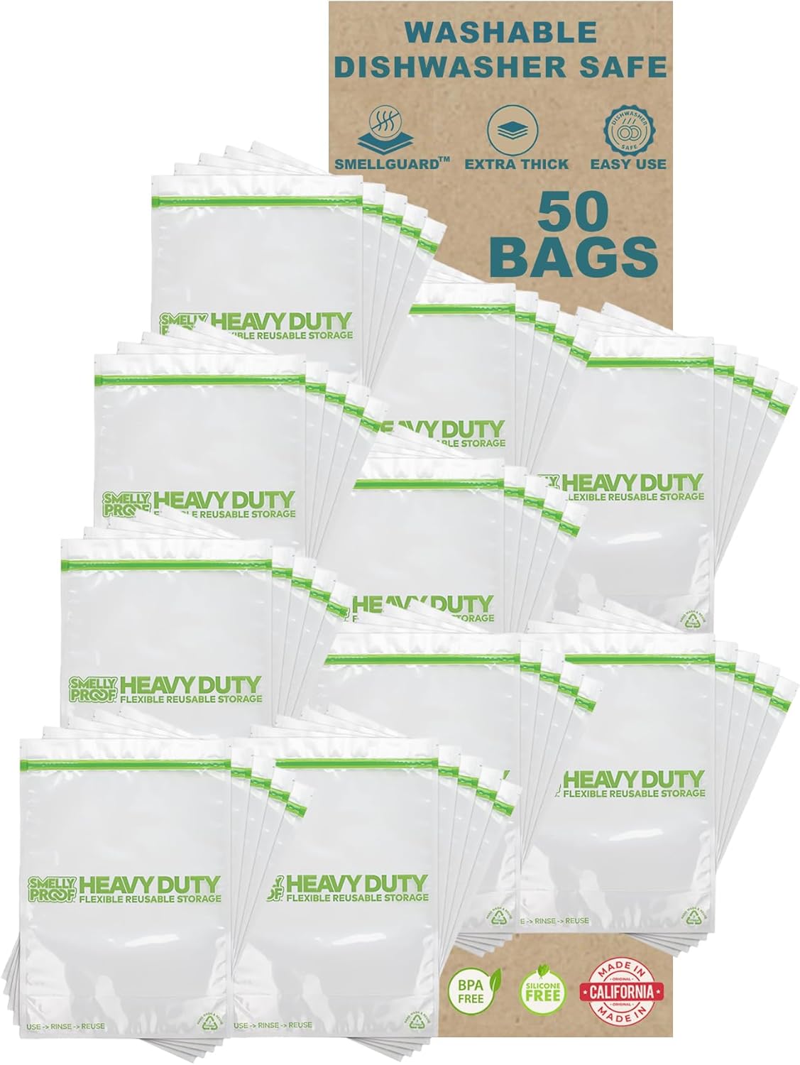 PURCHASE, 50 x Dishwasher-Safe STAND-UP Reusable Bags, Extra Thick 5mils HEAVY DUTY Durable Washable Reclosable Food Storage Extra Large Bags, XXL 12"x16" 2-Gallon 50-Pack