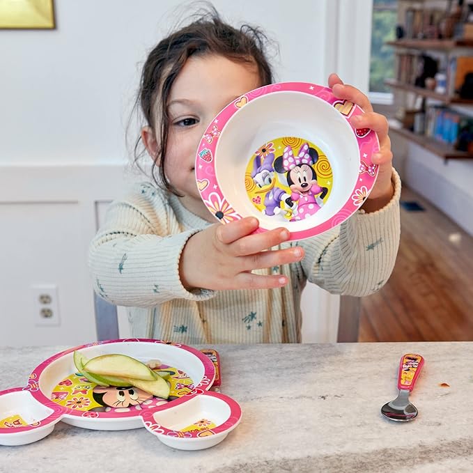 The First Years Disney Minnie Mouse Dinnerware Set - Toddler Plates and Toddler Utensils- 4 Piece Set