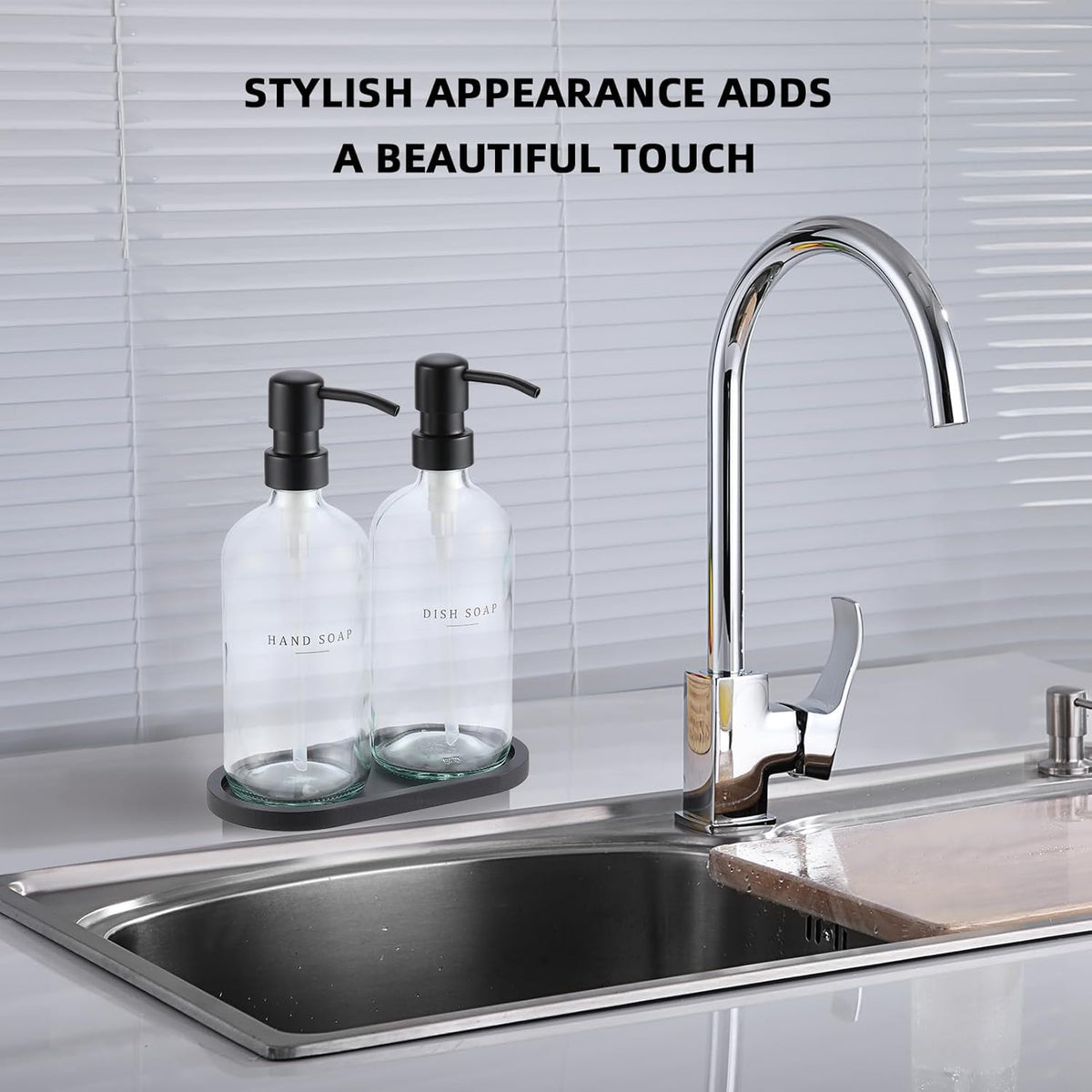 Glass Soap Dispenser - Dish Hand Soap Dispenser for Kitchen, Bathroom Soap Lotion Dispenser with 304 Rust Proof Pump, Tray, Clear Bottle/Black Pump