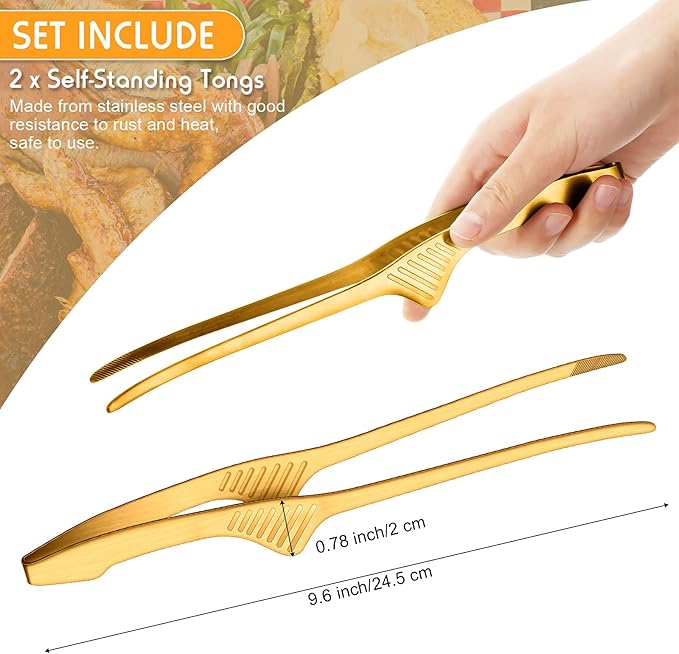 Patelai Korean and Japanese BBQ Tongs Non Slip Cooking Utensils Stainless Steel Tongs for Serving Food, Salad, Camping, Barbecue, Buffet, Oven with Support Stand(Gold,2 Pieces)