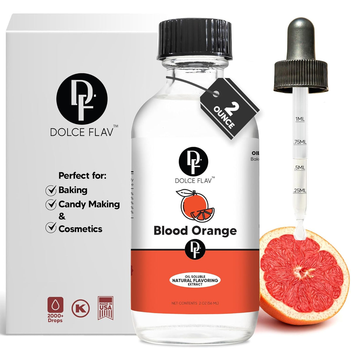 Dolce Flav Natural Blood Orange Extract – 2 Ounce Oil-Soluble Kosher, Sugar-Free, Concentrated Rich Citrus Flavoring for Baking, Chocolates & Desserts, Includes Measured Dropper