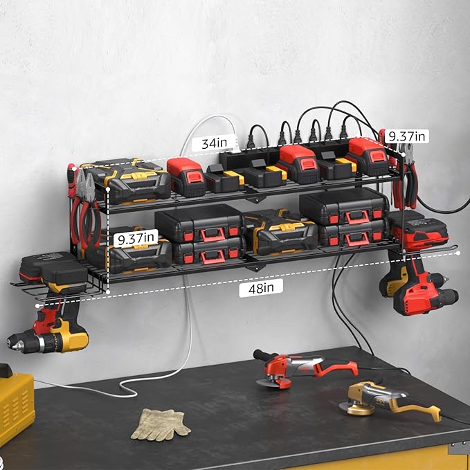 CCCEI Large Garage Tools Storage with Charging Station. Power Tool Battery Organizer Utility Shelf with Power Strip. 4 Drills Holder Wall Mount Rack.