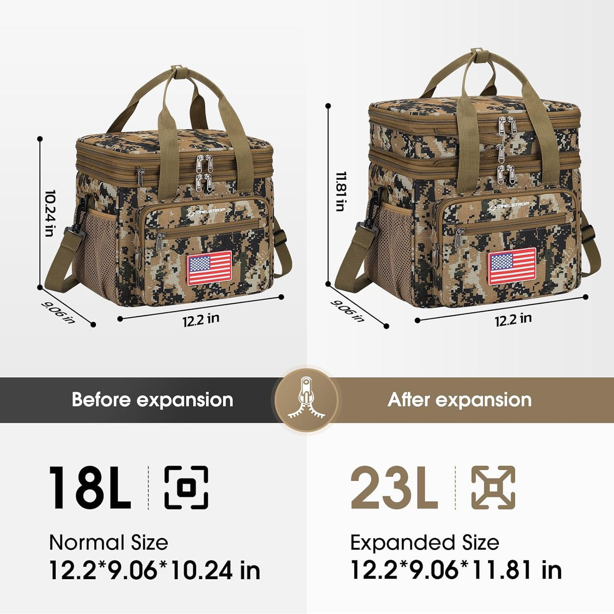 Maelstrom Tactical Lunch Box for Men, 23L Insulated Lunch Bag, Expandable Double Deck Cooler Bag, Lightweight Leakproof Tote Bag With Side Tissue Pocket, Suit For Men and Women, Camouflage