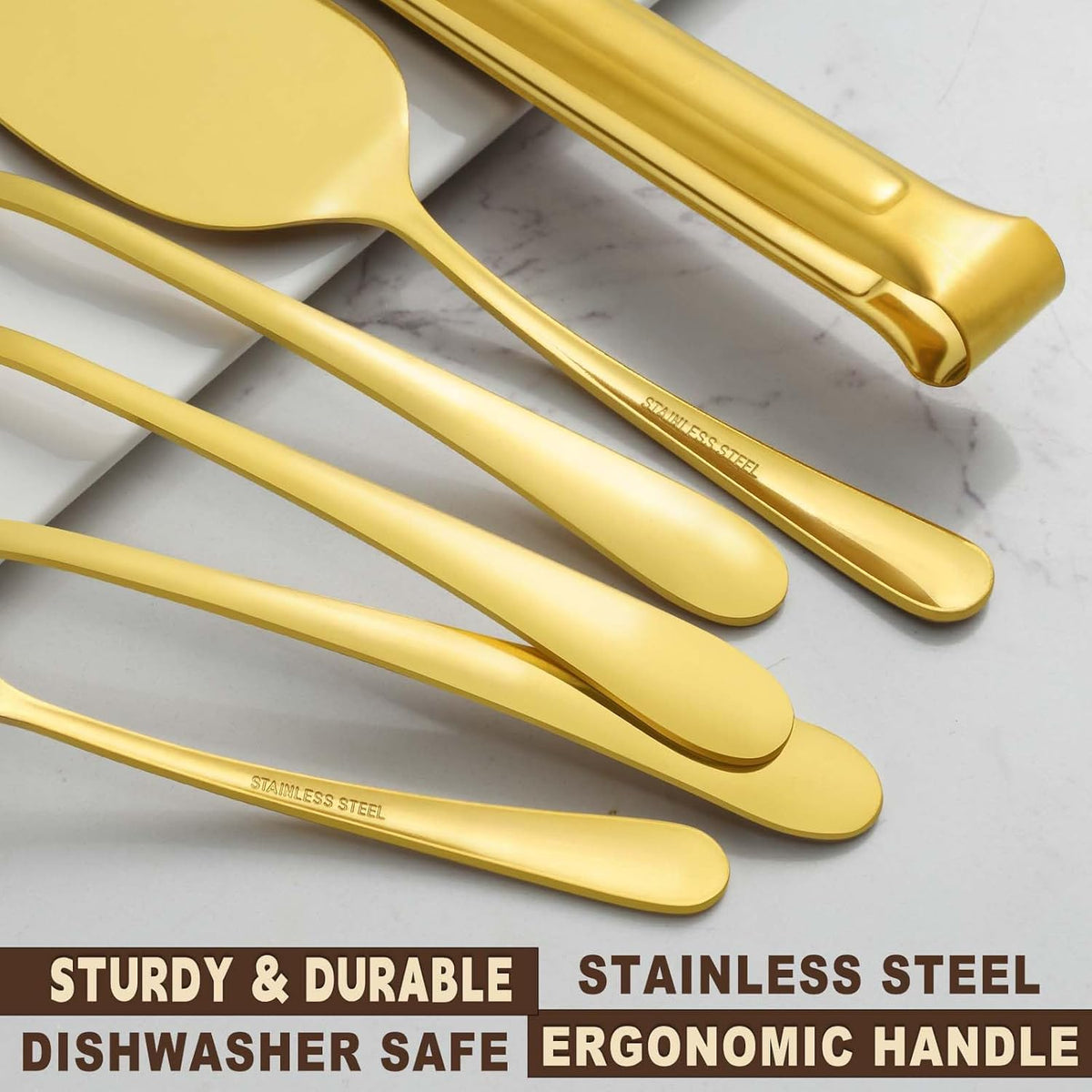BEWOS Gold Serving Utensils, 20-Piece Serving Utensils set, Gold Serving Spoons, Slotted Spoons, Tongs, Forks, Cake Server, Butter Knife, Stainless Steel Serving Utensils for Parties, Dishwasher Safe