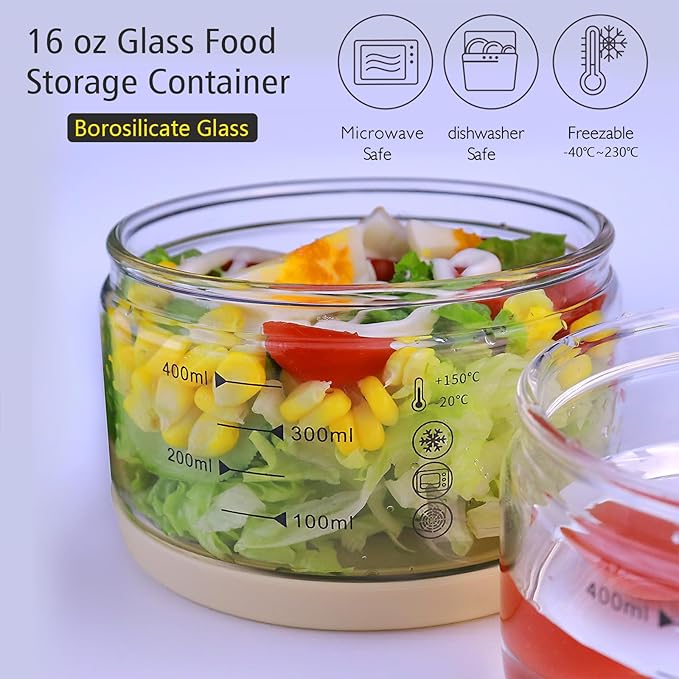 16 oz Glass Food Storage Containers - Clear, Meal Prep Containers, Freeze Bowls, Microwave Safe (2pcs)