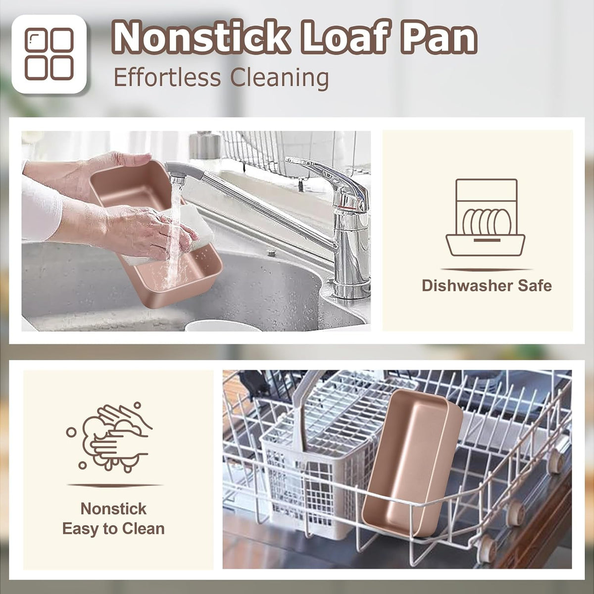 LIANYU Loaf Pans for Bread Baking, 9×5 Inch Stainless Steel Loaf Bread Tins, Non-Stick Baking Pans for Homemade Banana Sandwich Sourdough, Healthy & Sturdy, Set of 2, Rose Gold