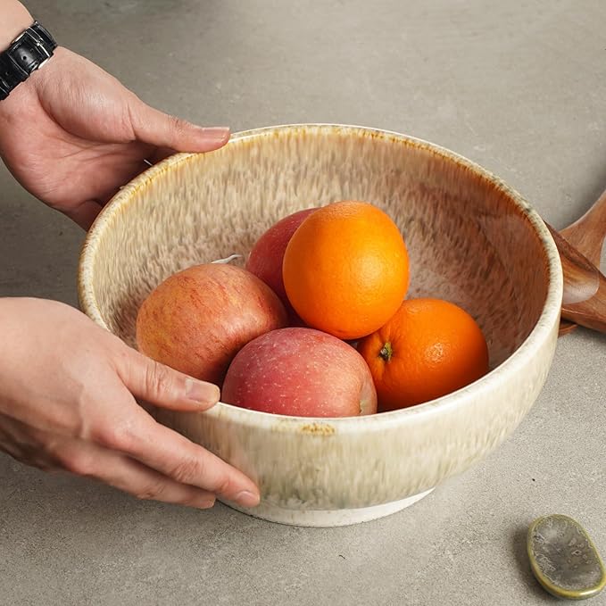 Extra Large Salad Bowl,Decorative Fruit Bowl,Kitchen Ceramic Bowl for Fruit & Salad,120 oz Footed Serving Bowl for Entertaining (tan color)