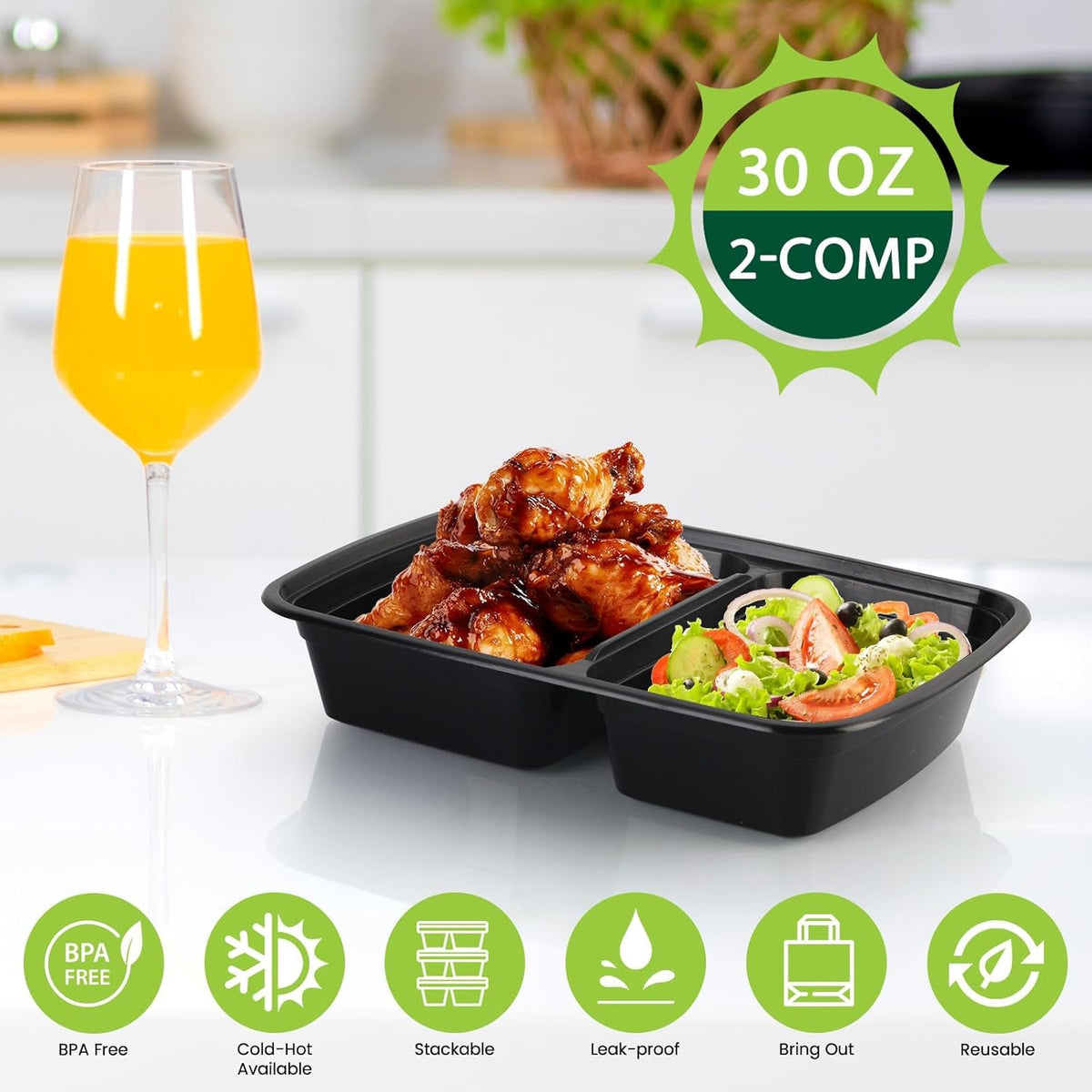 Meal Prep Containers 50 Pack - 2 Compartment Food Containers with Lids, To Go Food Containers BPA-Free, carry out Container With Lids Microwave, Dishwasher, Freezer Safe 30 oz