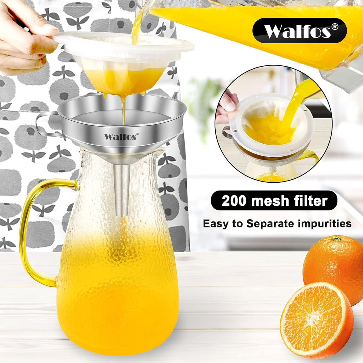 Walfos 3Pcs Kitchen Funnel with 2 Removable Strainer ＆ 1 Cleaning Brush & 1Pc 200 Mesh Food Filter Strainer, Food Grade Stainless Steel Funnel for Transferring of Liquid, Oils, Jam, Dry Ingredients