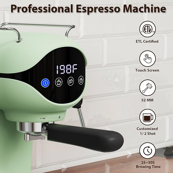 Espresso Machine with Steam Milk Frother Semi Automatic 20 Bar Compact Green with Touch Screen for home Cafetera Espresso, Latte, Cappuccino, Americano, Macchiato