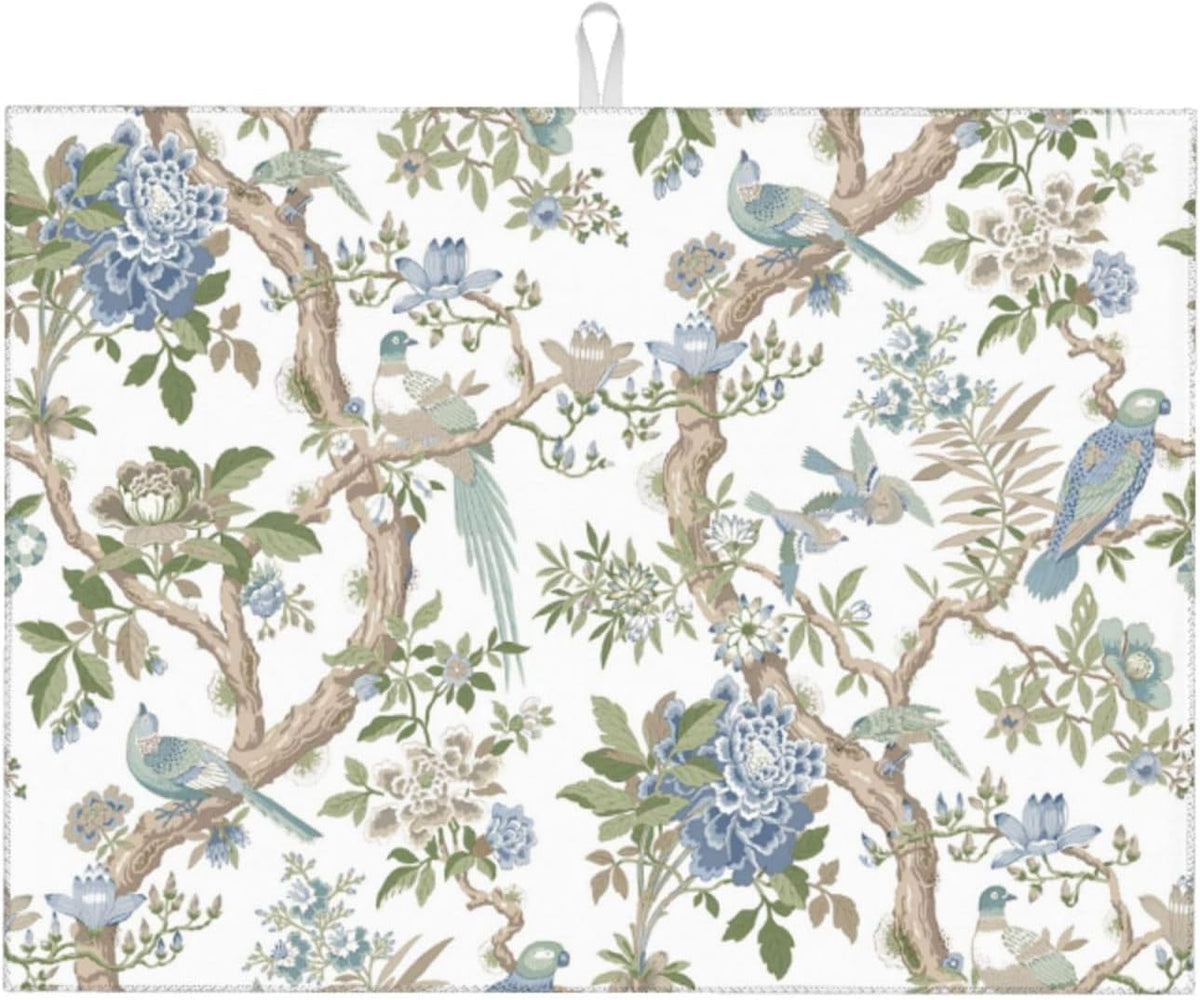 Floral Bidrs Dish Drying Mat 18x24 for Kitchen Counter, Blue Green Chinoiserie Decorative Absorbent Coffee Mat Dish Drying Pad Coffee Bar Dish Drainer Rack Mat Drainer Mat