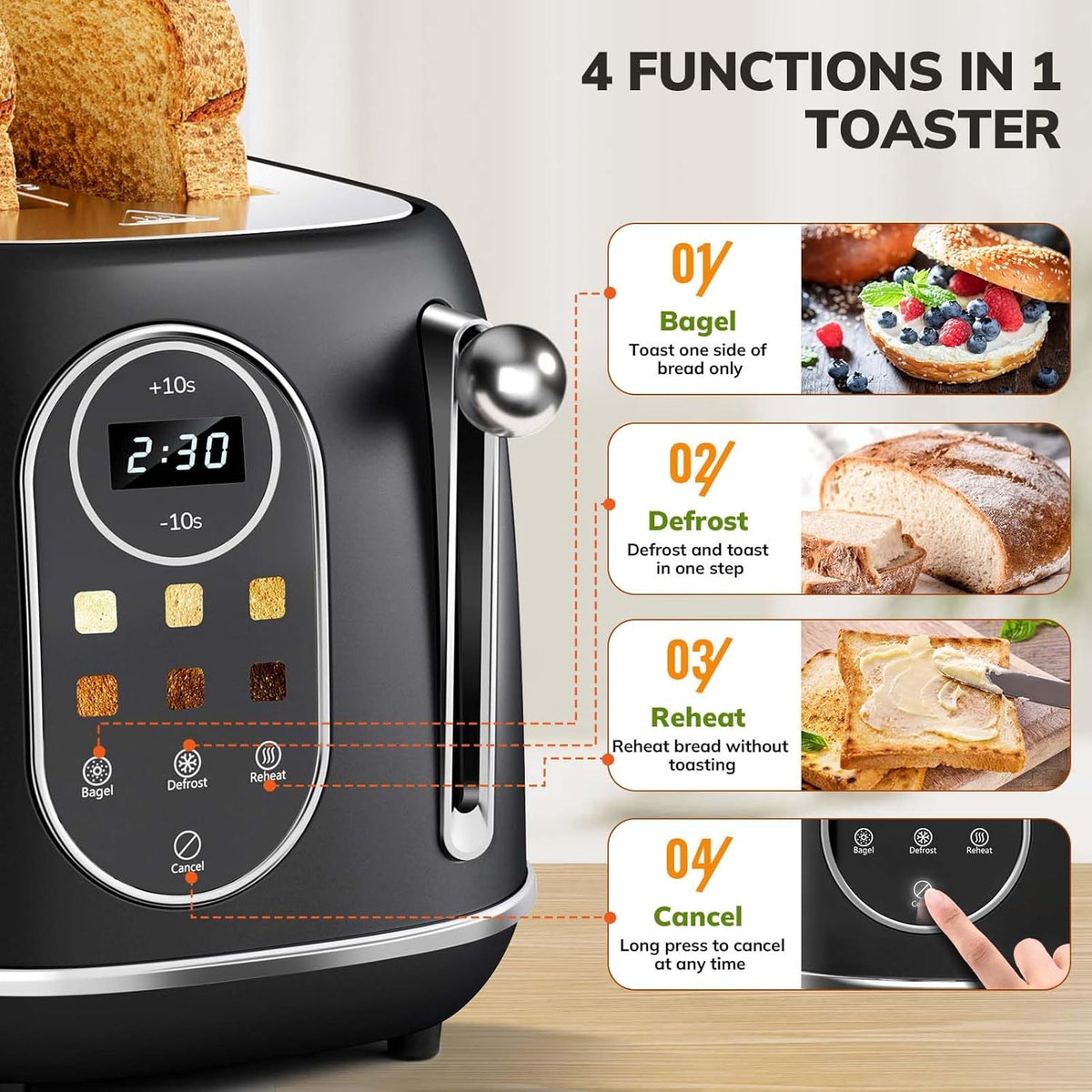Keenstone Smart Touch Screen Toaster 2 Slice, Retro Wide Slot Stainless Steel Toaster with 6 Browning Levels, Reheat & Defrost, for Bagel, Toast, Bread, Removable Crumb Tray, Black