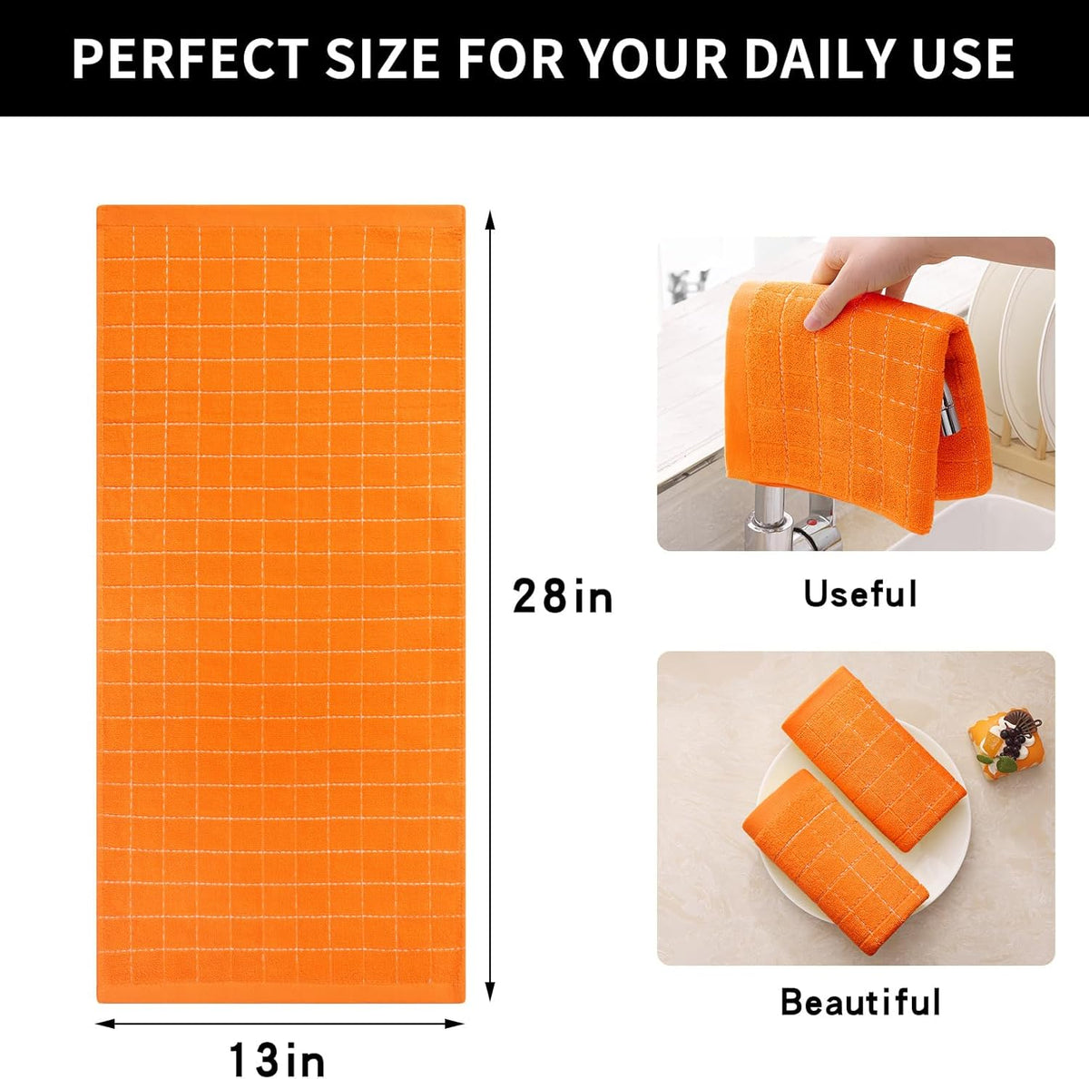 Homaxy 100% Cotton Terry Kitchen Towels(Orange, 13 x 28 inches), Checkered Designed, Soft and Super Absorbent Dish Towels, 6 Pack