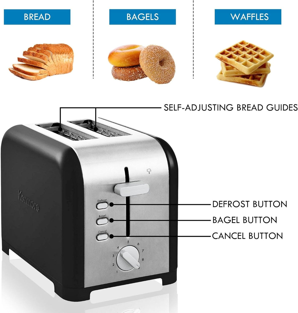 Kenmore toaster 2 slice - extra wide slot countertop kitchen appliance, defrost function, tostador de pan, 9 shade settings, compact design, easy clean crumb tray, bread bagel, stainless steel & black