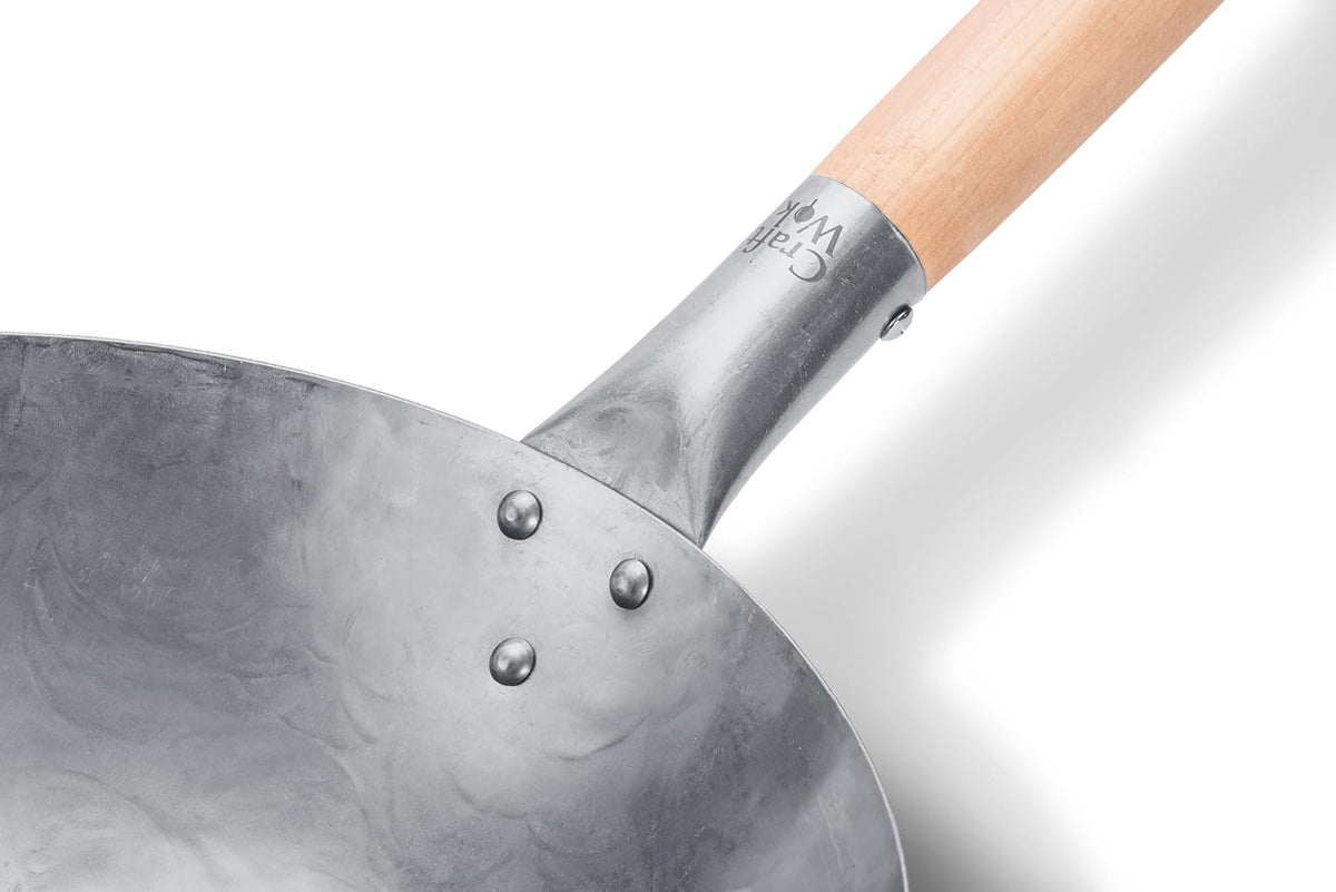 Craft Wok Traditional Hand Hammered Chinese Carbon Steel Wok with Wooden and Steel Helper Handle (12 Inch, Round Bottom Pow Wok Pan) / 731W88-12in