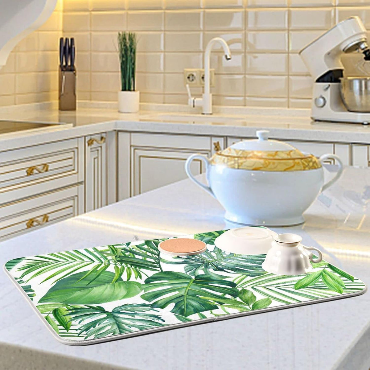 Tropical Palm Leaves Dish Drying Mat for Kitchen Counter Green Monstera Leaf Absorbent Microfiber Drying Pad, Medium 16x18 in, Reversible Drainer Mats