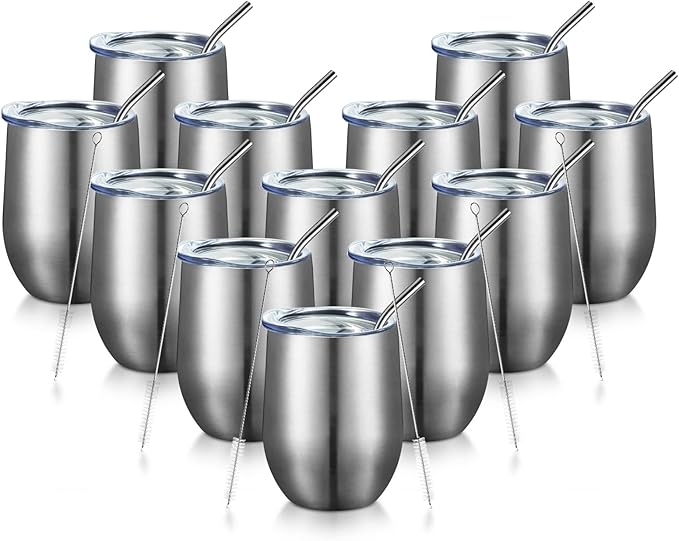 COMOOO 12oz Insulated Wine tumbler with Lid, Stainless Steel Stemless Wine Tumbler Glass,Double Wall Vacuum Wine Tumbler Cups with Straw for Coffee, Cocktails,Beer,Champaign Silver, 12 pack