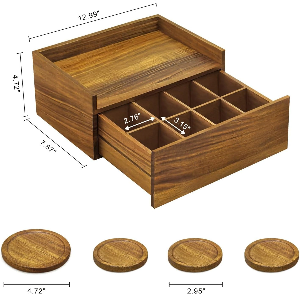 Idefair Acacia Woode Tea Box Organizer Storage Box with 5 Wooden Coasters, Tea Bags Organizer Chest Storage with Drawer, Tea Bag Box for Coffee Teabgs Countertop Display