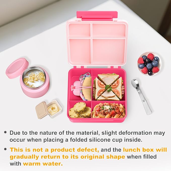 Lunch Box Kids with 5 Compartments, Insulated Food Jar & Utensil & Sauce Container & Lunch Bag & Silicone Collapsible Cup, Leak Proof Bento Box, BPA-Free & Dishwasher Safe-Pink