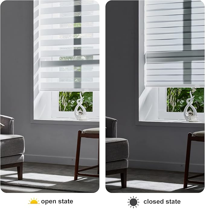 Persilux Cordless Zebra Blinds for Windows Free-Stop Roller Window Shades (22" W X 64" H, White) Dual Layer Light Control for Day and Night, Light Filtering Sheer Shades for Home, Easy to Install