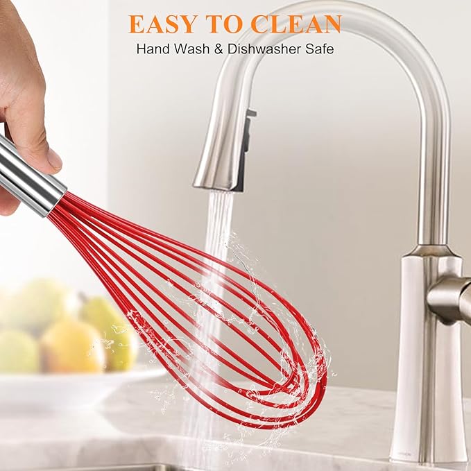 NileHome Whisk Commercial Stainless Steel wisk & Silicone Non-Stick Coated Small Whisk Set 8" 10" 12" Kitchen Wisk Wire Whisks for Cooking 3 Pack, Red