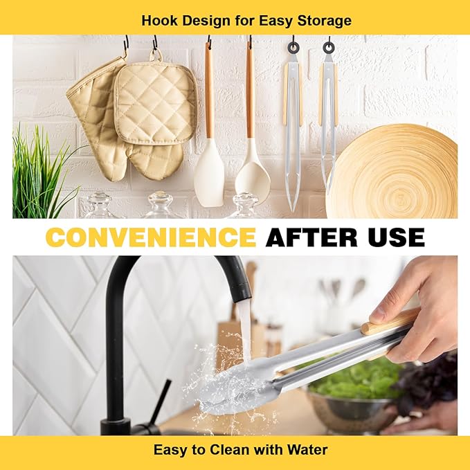 2 Pcs Tongs For Cooking - 9 Inch and 12 Inch, Stainless Steel Kitchen Tongs, Heat Resistant 1100°F, Pull Ring Lock, Solid Wood Handles, For Grilling, Barbecuing, Cooking
