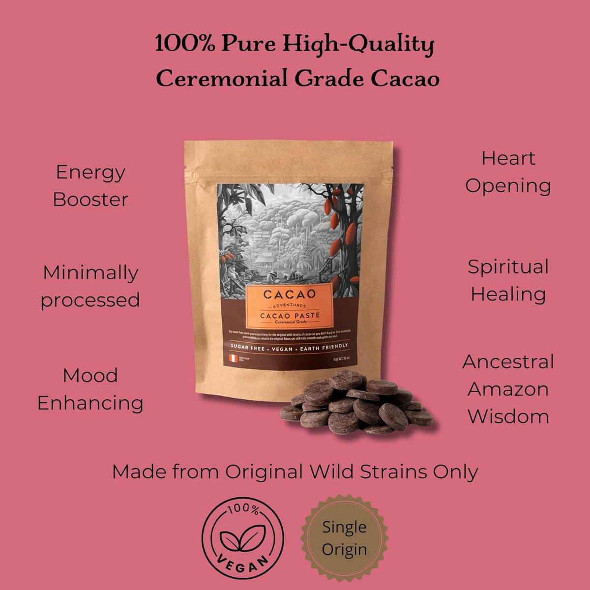 Cacao Adventures Ceremonial Grade Cacao | 100% Pure Cacao | Dairy & Vegan Free | Unsweetened | Vegan Peruvian Cacao