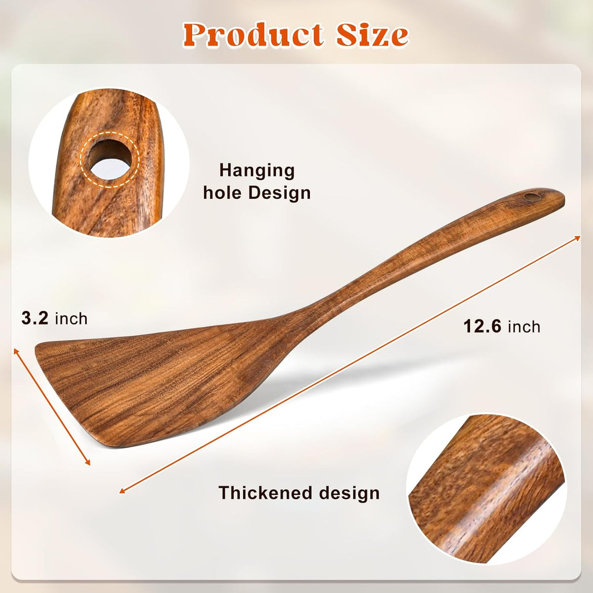 Wooden Spatula for Cooking, Acacia Wood Flat Frying Spatulas, Long Handle Spatula Turner for Non Stick Pans, Non-Scratch, Wooden Kitchen Utensils for Cooking, Frying, Baking