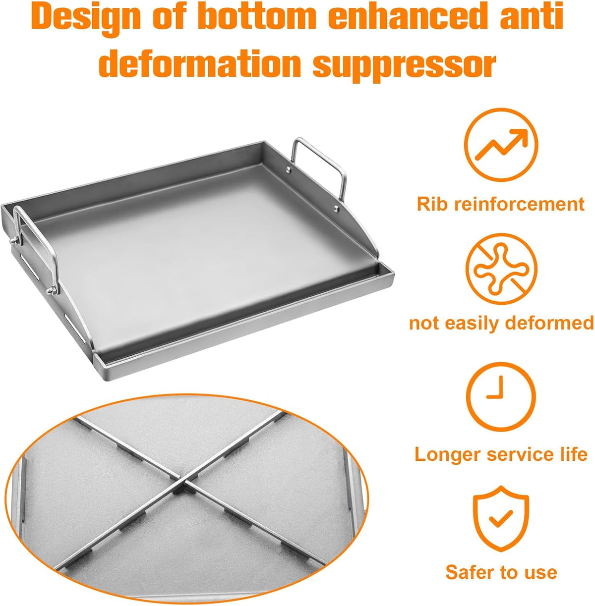 ABYDA Universal Stainless Steel Cooking Griddle, Heavy-Duty 4mm Strengthen thickness, Flat Top Plate Insert with Grease Groove and Removable Handles for Gas/Charcoal/Stove, 25" x 16"× 2.5“