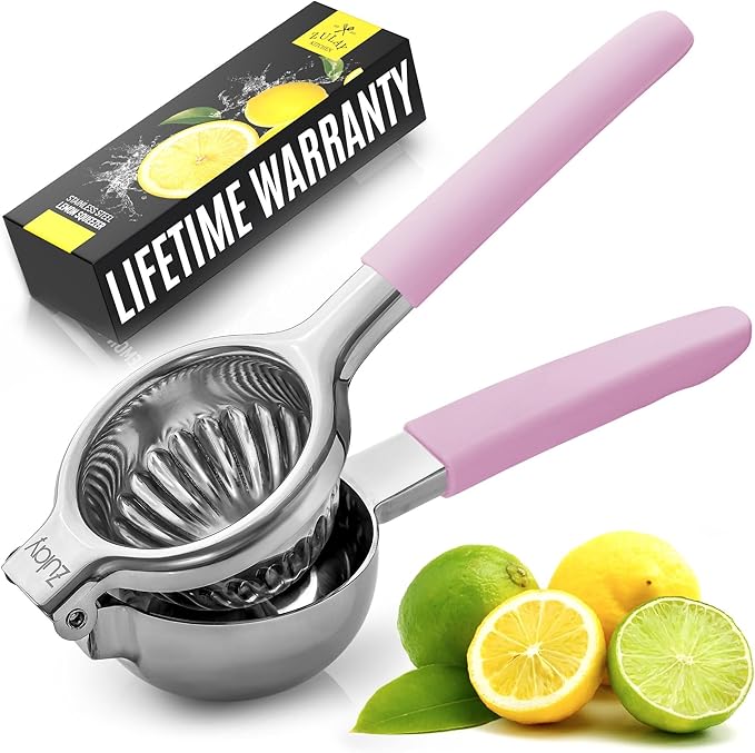 Zulay Kitchen Lemon Squeezer Stainless Steel with Premium Heavy Duty Solid Metal Squeezer Bowl and Food Grade Silicone Handles - Large Manual Citrus Press Juicer and SS Lime Squeezer (Pink)