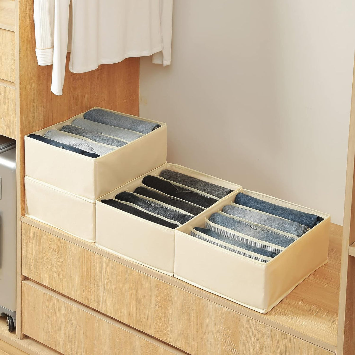 Qozary Jeans Pants Organizer for Closet, 4 Pack Drawer Organizers for Clothing, 5 Grids Wardrobe Clothes Organizer, Jean Organizer for Closet, Deep Drawer, Clothes Organizer for Shirts, Legging