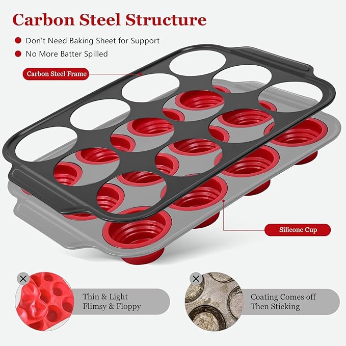 12 Cups Silicone Muffin Pans for Baking with Metal Frame, Egg Bite Molds, Cupcake Pans Regular Size, Muffin Tins Easy to Pop Nonstick Non Toxic Bakeware for Oven Dishwasher Safe