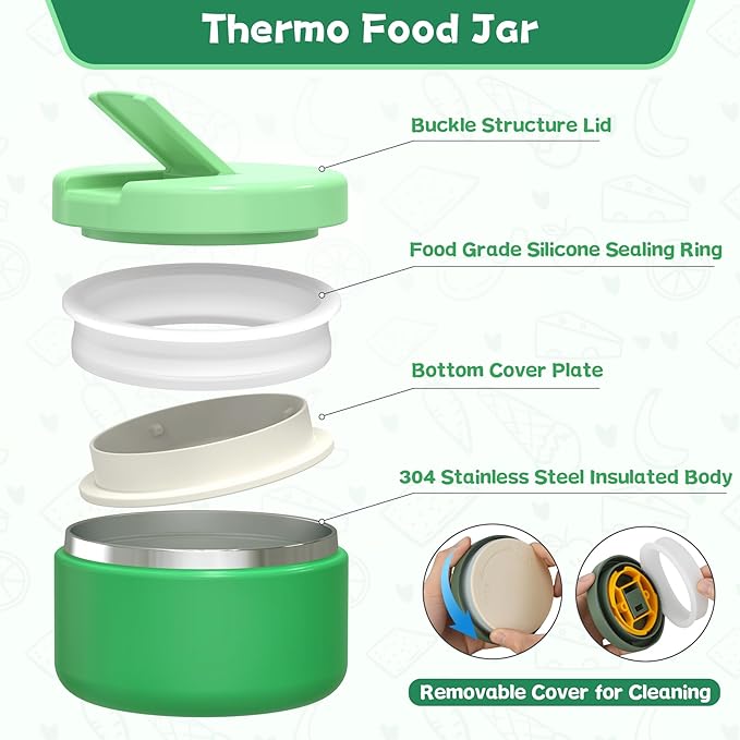 Kids Bento Lunch Box with 8oz Soup Thermo, Kids Leakproof Lunch Food Containers with 4 Compartment,Insulated Hot Food Jar with Lunch Bag for School, Travel (Green)