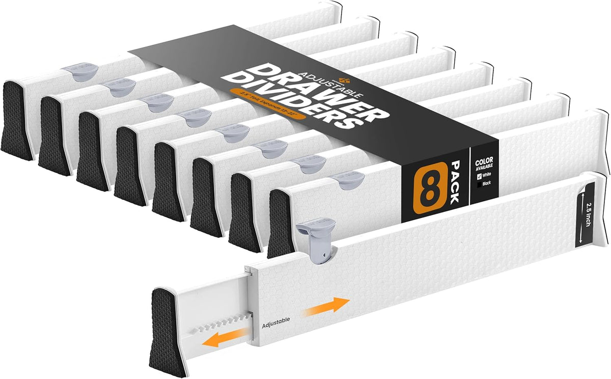 RAPTUROUS Adjustable Drawer Dividers, 2.5" Tall, Expandable 13-22", 8-Pack, Non-Slip for Dresser, Closet, Kitchen, Nursery, and Office (White)