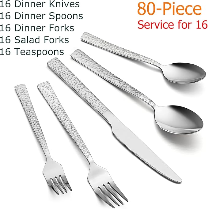 E-far 80-Piece Hammered Silverware Set, Stainless Steel Square Flatware Set Service for 16, Tableware Cutlery Set Includes Forks Spoons Knives, Modern Design & Mirror Polished - Dishwasher Safe