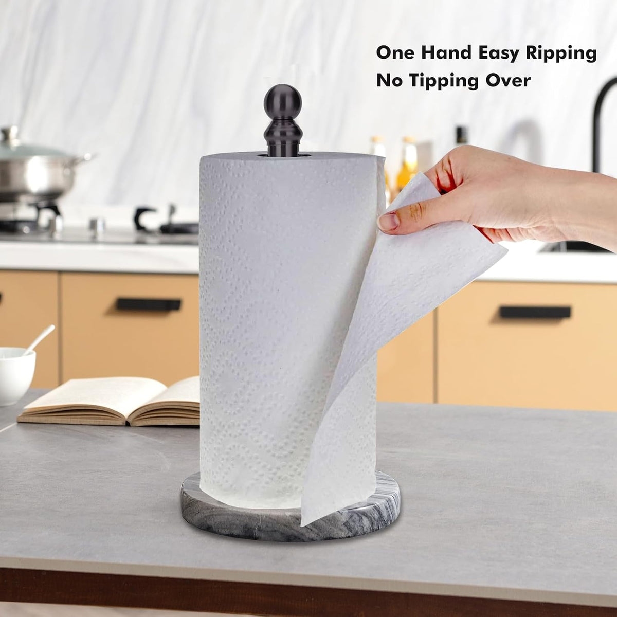 Black Paper Towel Holder Countertop with Heavy Marble Base, Standing Paper Towel Roll Holder for Kitchen Bathroom, with Weighted Base for One-Handed Operation