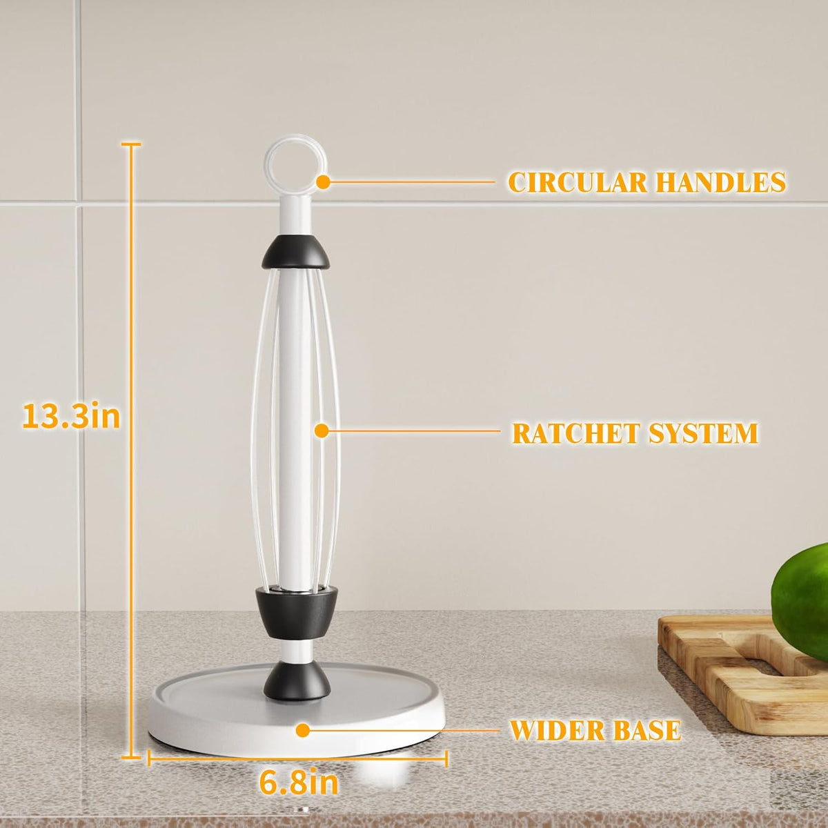White Paper Towel Holder Countertop, White Kitchen Accessories Decor, One-Handed Tear, Stainless Steel, Weighted Base, Paper Towel Holder Stand with Ratchet System for Kitchen Farmhouse Essentials