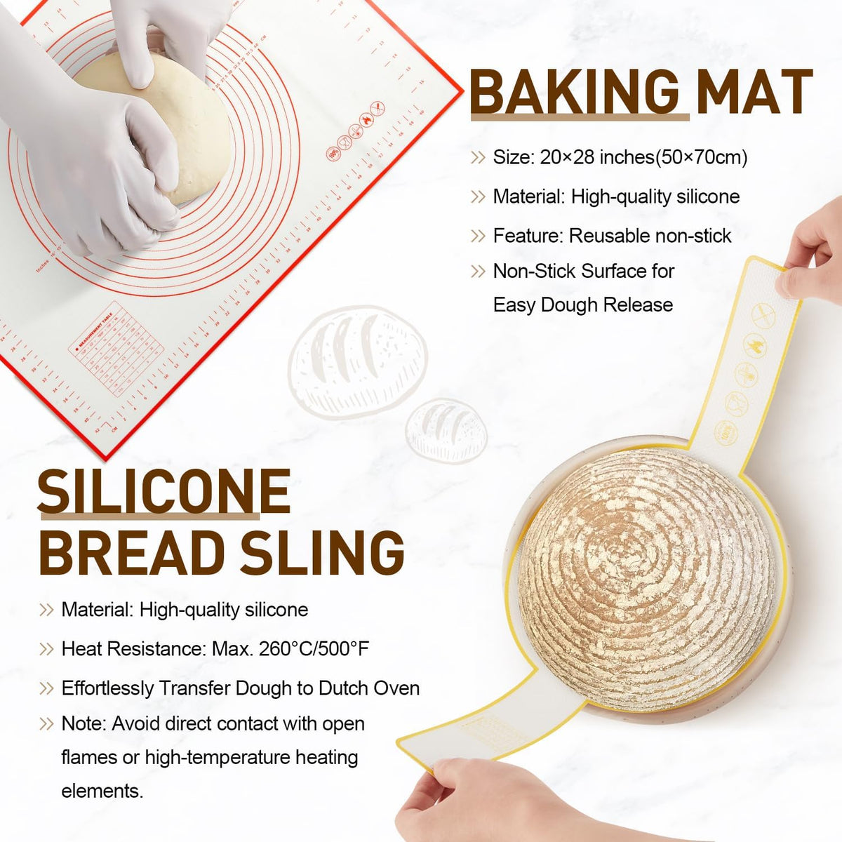 Banneton Bread Proofing Basket, Round and Oval Sourdough Starter Kit with Two Bread Slings and 27×19in Silicone Baking Mat Bread Making Tools Set, Gift for Family Lovers or Friends