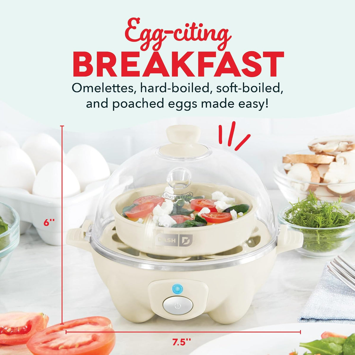 DASH Rapid Egg Cooker: 7 Egg Capacity Electric Egg Cooker for Hard Boiled Eggs, Poached Eggs, Scrambled Eggs, or Omelets with Auto Shut Off Feature - Cream