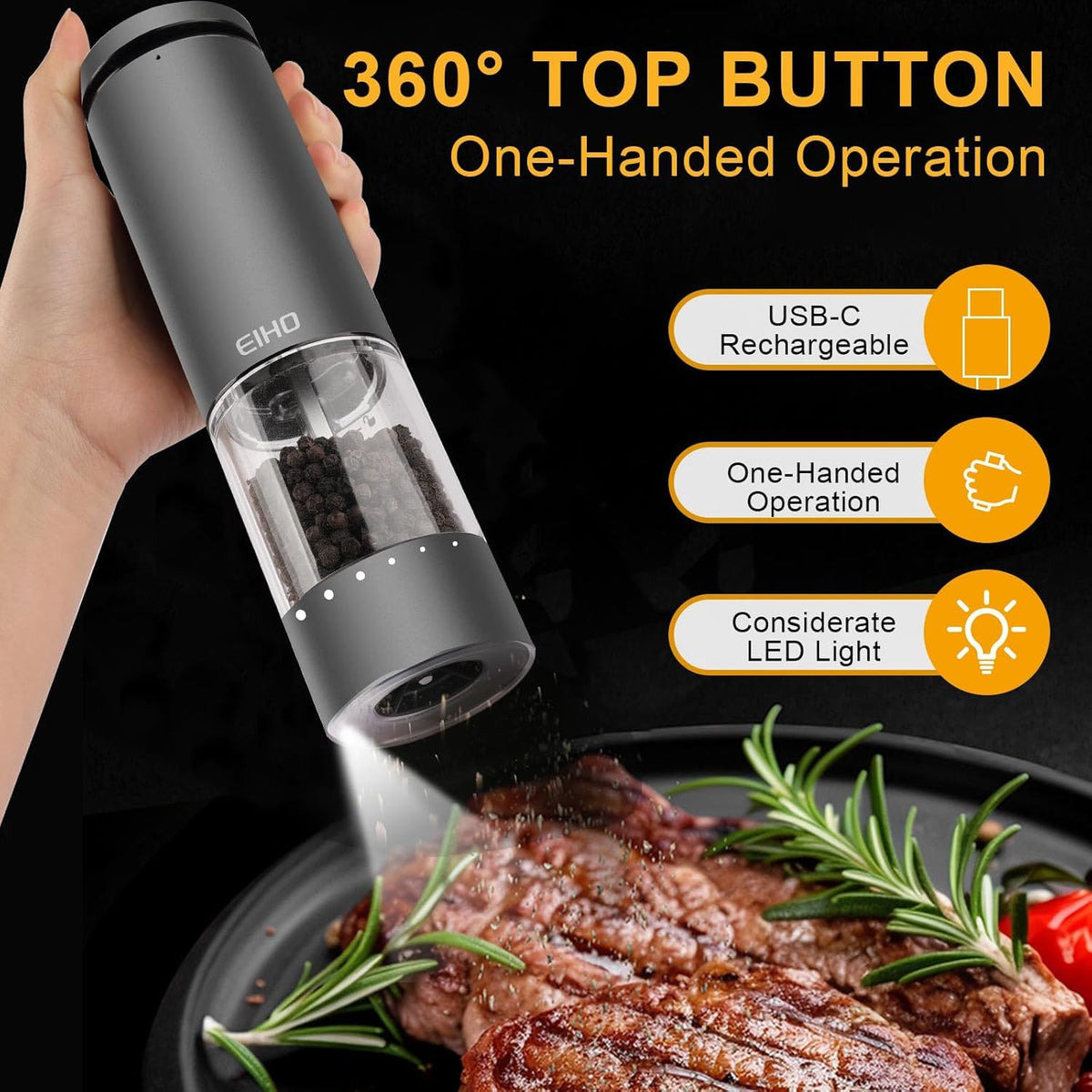 EIHO Electric Salt and Pepper Grinder Set USB Rechargeable, Upgraded External Adjustable Coarseness, Aluminum Alloy Automatic Salt and Pepper Shakers Mills with LED Light, House Warming Cooking Gifts